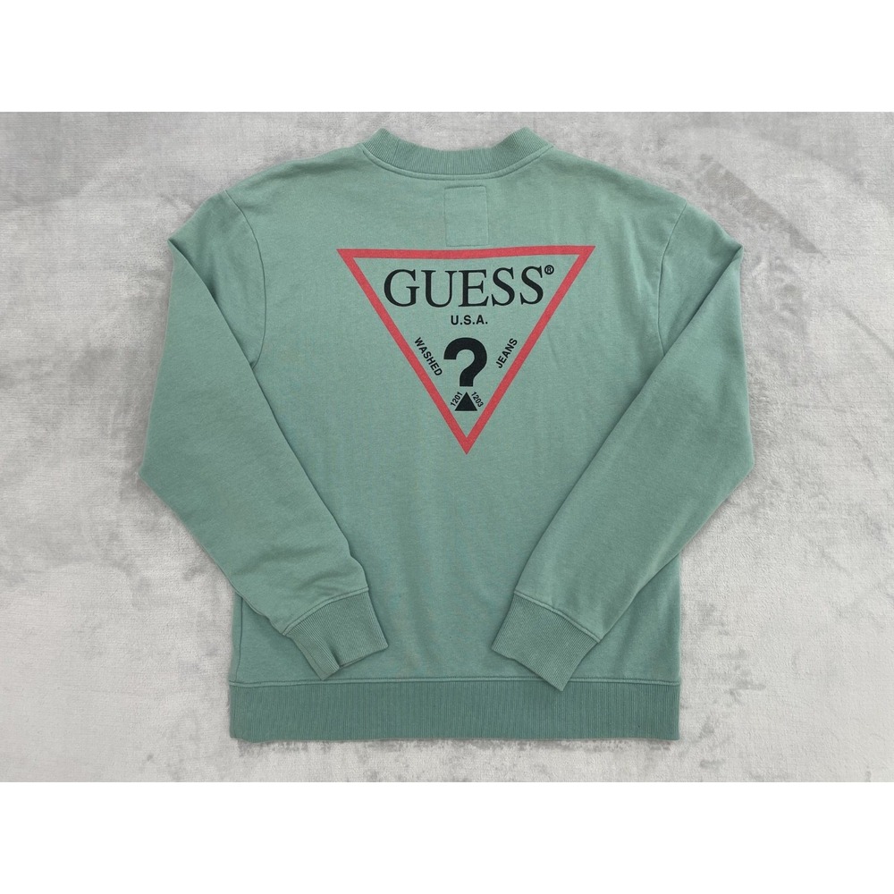 GUESS Crewneck Sweatshirt Men Medium Green Cotton Pullover Triangle Logo